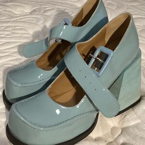 John Fluevog Light Blue Patent Mary Jane Platforms